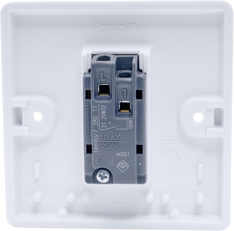 Duravel Single Light Switch Wall Plate, 10AX 250V, White Plastic, Standard Size - Image 2